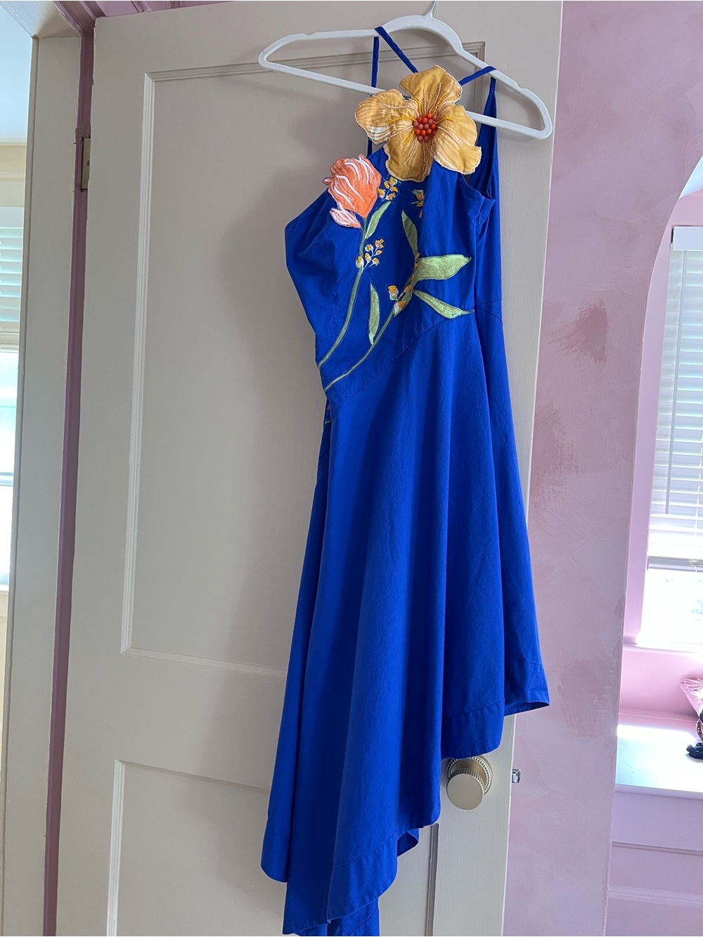 Anthropologie Royal Blue Asymmetrical Dress with Floral Embroidery